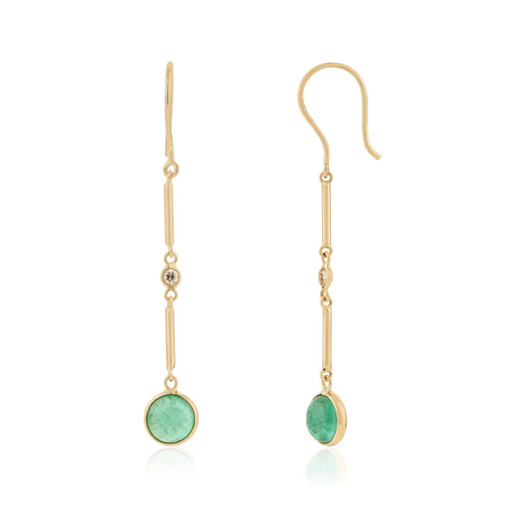 Simple Dainty Emerald & Diamond Dangle Earrings Solid K14 Yellow Gold Handmade Jewelry