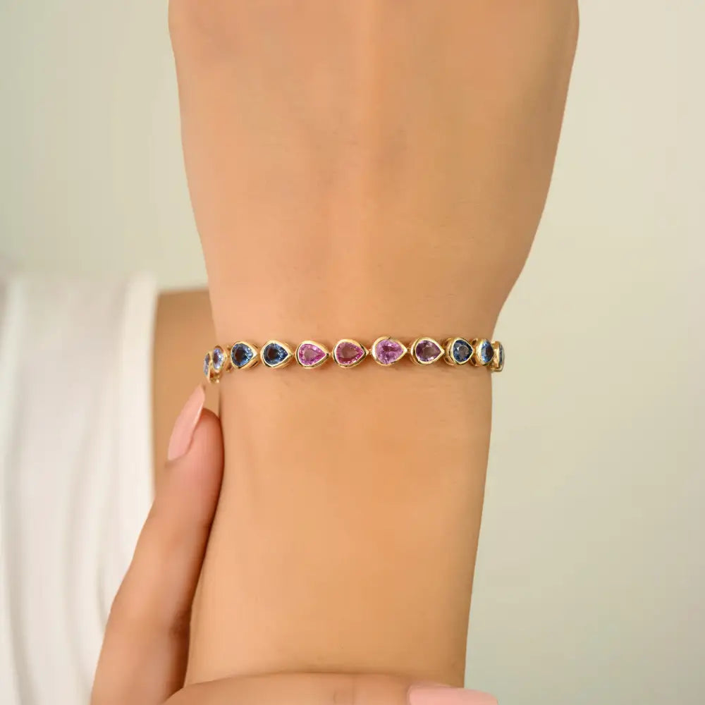 Pear Shape Multi Sapphire Trending 14K Yellow Gold Stackable Tennis Bracelet Bezel Setting
