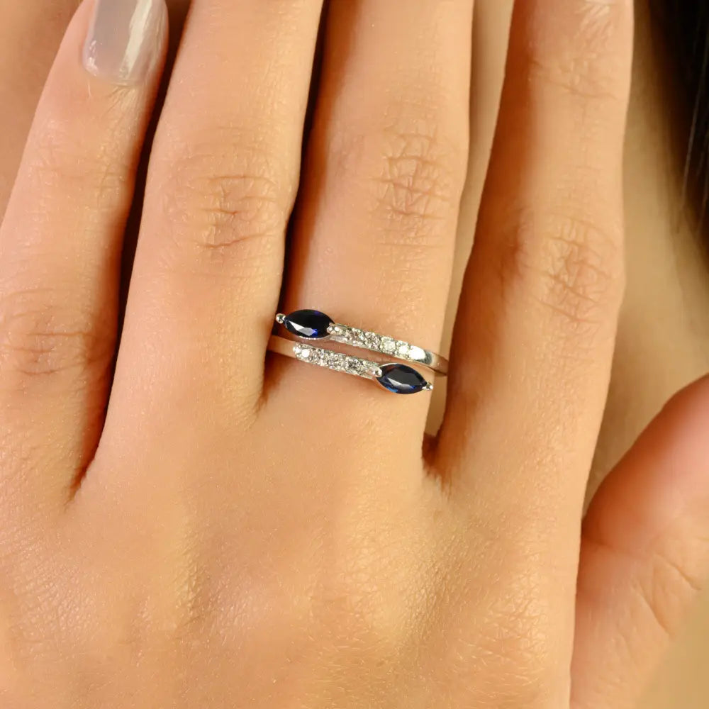 Customized Blue Sapphire & Diamond 14K Real Gold Handmade Bypass Rings Everyday Jewelry