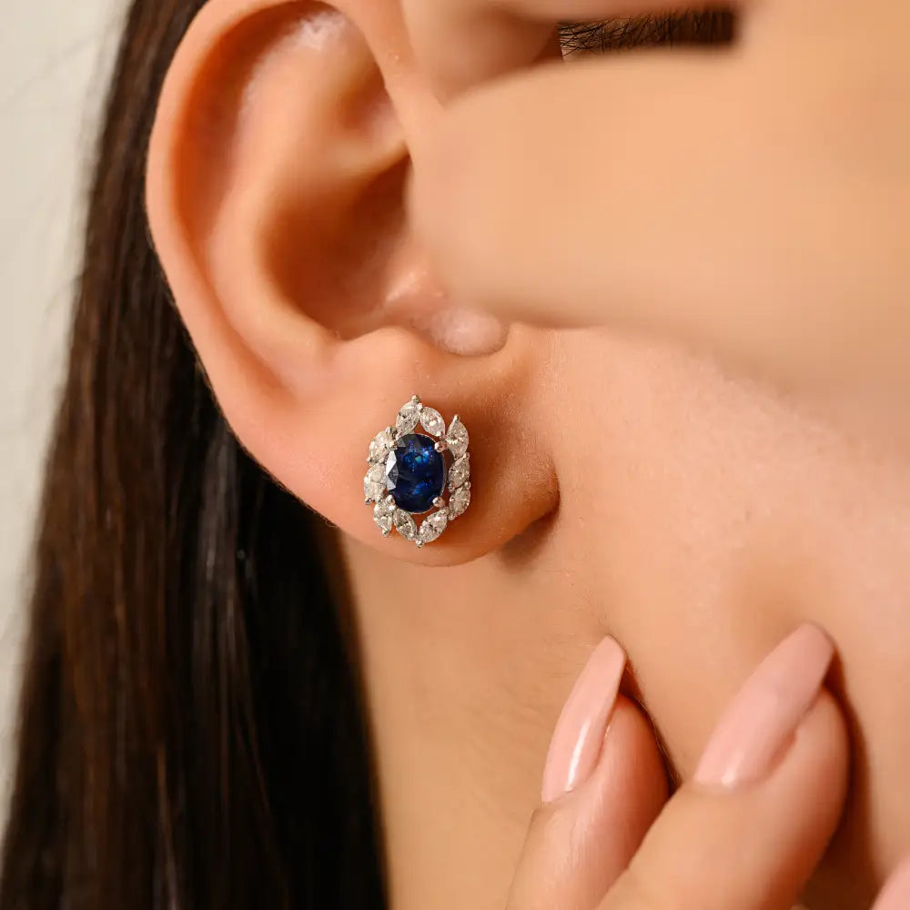 14K Solid Gold Oval Blue Sapphire & Marquise Diamond Designer Stud Earrings For Women