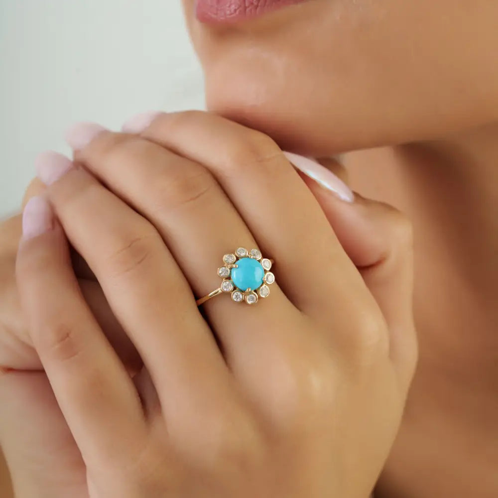 Flower Inspired 14K Yellow Gold 7mm Round Cut Turquoise & Diamond Cluster Ring For Unisex