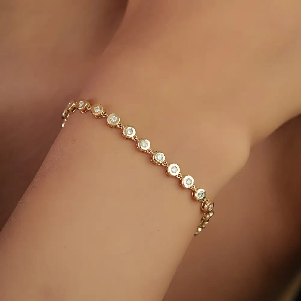 Round Cut Diamond Bezel Set Solid 14K Yellow Gold Bubble Stackable Bracelet For Unisex