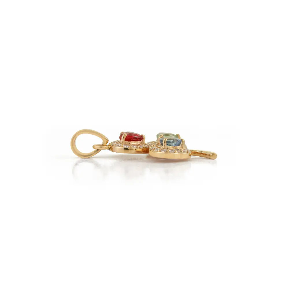Heart Shape Multi Sapphire Gemstone & Diamond 14K Yellow Gold Three Leaf Clover Pendant