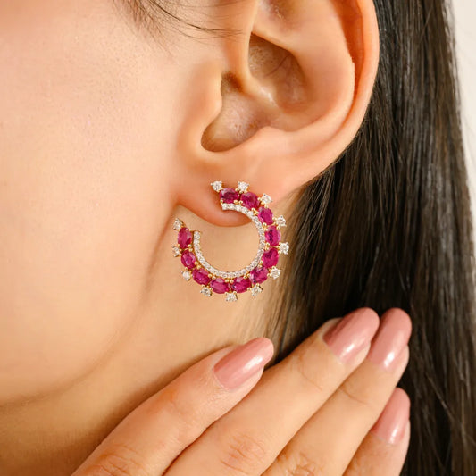 Statement Jewelry Ruby & Diamond Half Circle Wedding Earrings Handmade 14K Yellow Gold
