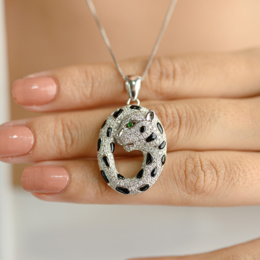 Natural Tsavorite, Onyx & Diamond Solid 14K White Gold Panther Pendant