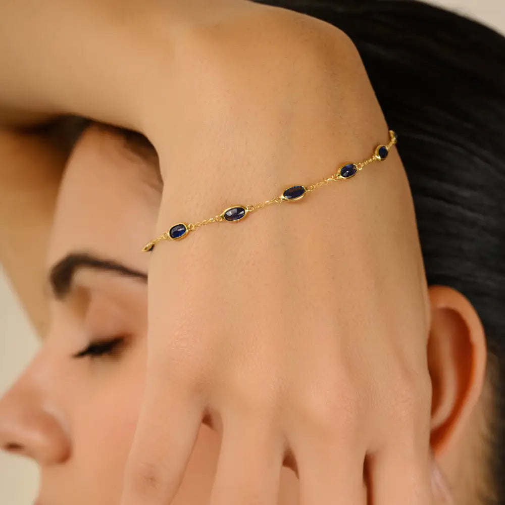 Everyday Wear Genuine Blue Sapphire Stackable Station Bracelet Real K18 Yellow Gold Jewelry
