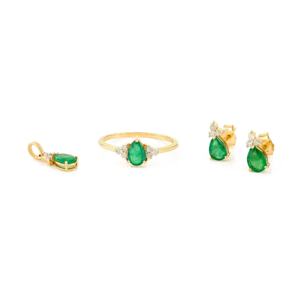 Elegant Minimal 18K Yellow Gold Emerald & Diamond Rings Earrings & Pendant 3 Pcs Jewelry Set