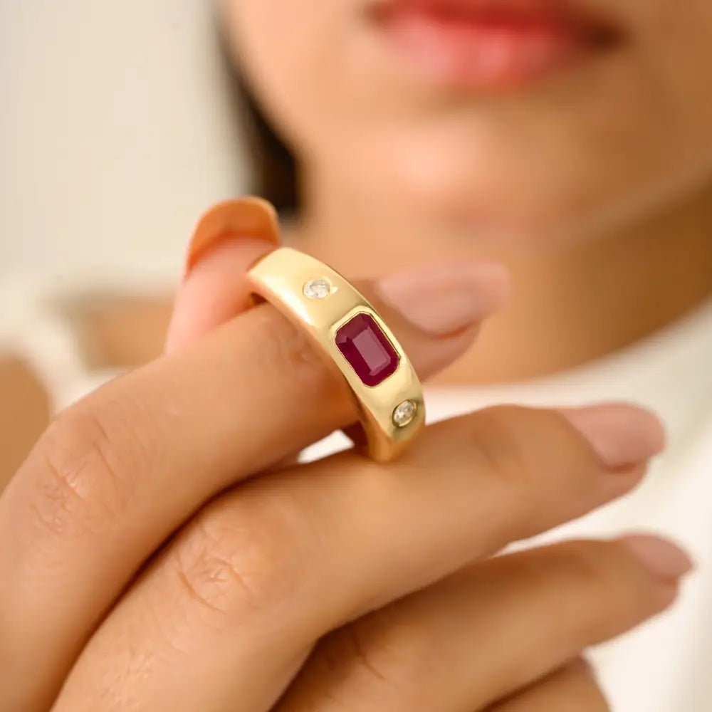 14K Yellow Gold Ruby & Diamond Chunky Gypsy Ring Latest New Design Anniversary Gift