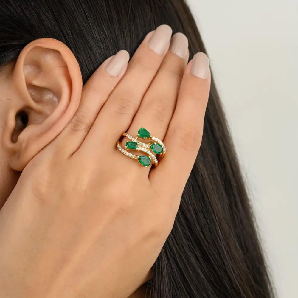 Designer Jewelry Natural Emerald & Diamond Solid Yellow Gold Statement Ring