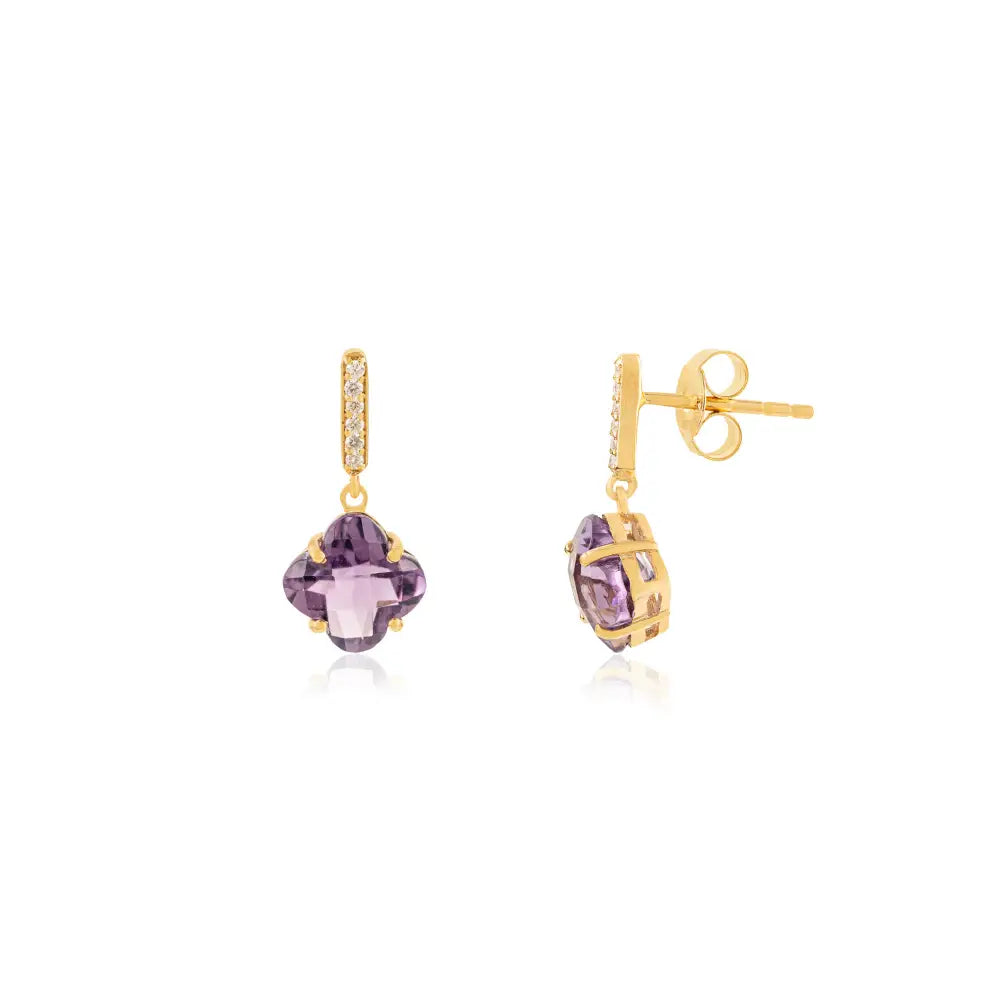 Amethyst & Diamond Four Leaf Clover Shape Drop Earrings K14 Yellow Gold Daily Wear Jewelry