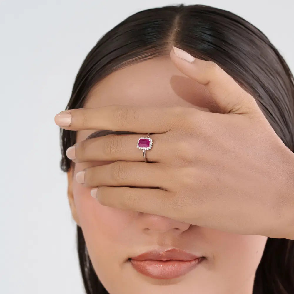 7x5mm Octagon Cut Ruby & Diamond Fine Cluster Ring Handmade 14K White Gold Jewelry