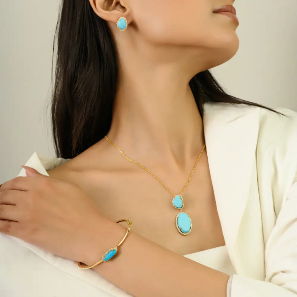 High Quality Turquoise & Diamond K14 Solid Yellow Gold Stackable Halo Bangle & Bracelet