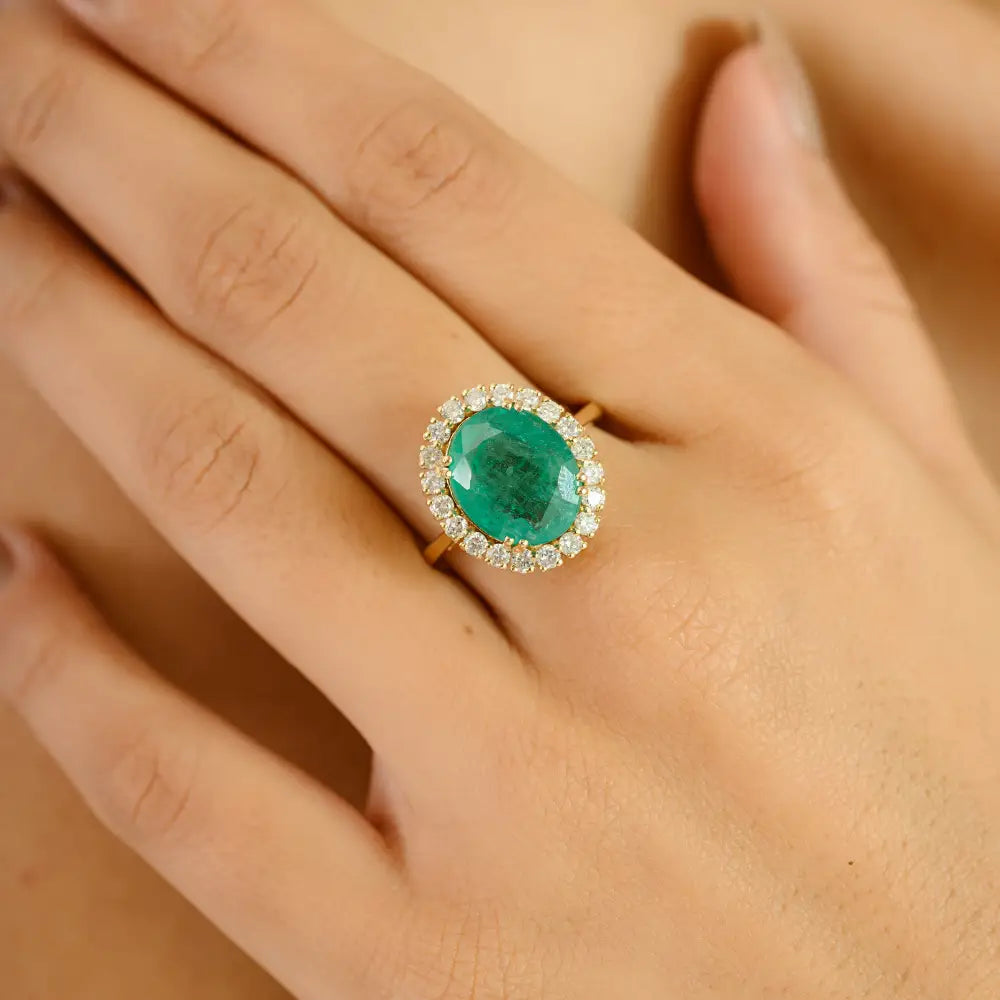 5ct. Zambian Emerald & Diamond Real 14K Yellow Gold Cluster Ring Bold Bridal Jewelry