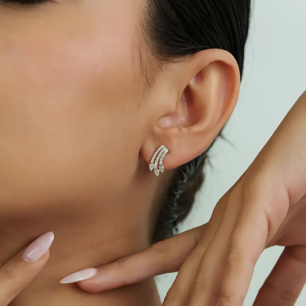 Unique Design Natural Diamond Wings Shape Stud Earrings 14K Real Yellow Gold Fine Jewelry