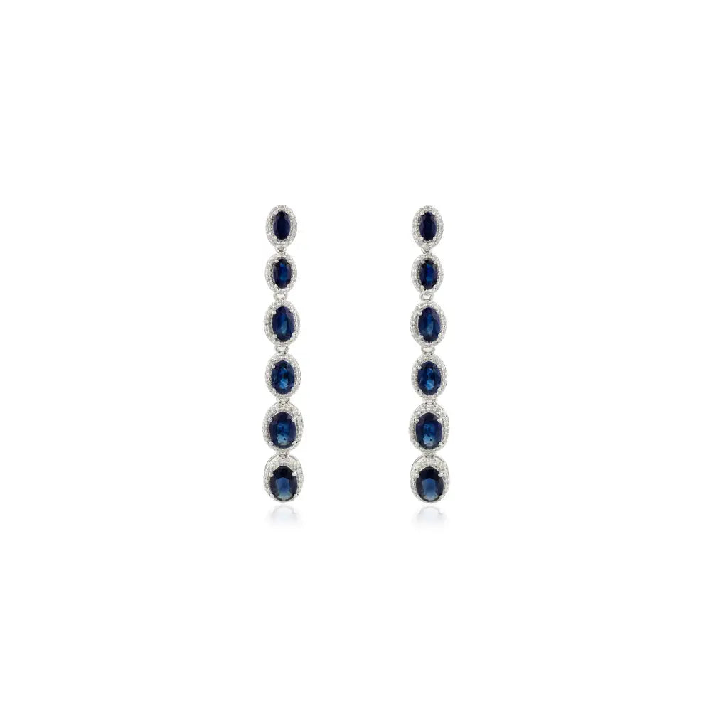 Graduated Set Gemstone Blue Sapphire & Diamond Long Dangle Earrings Real K14 Solid White Gold