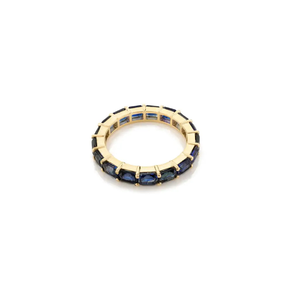 Baguette Shape Real Blue Sapphire 18K Authentic Gold Full Eternity Band Ring