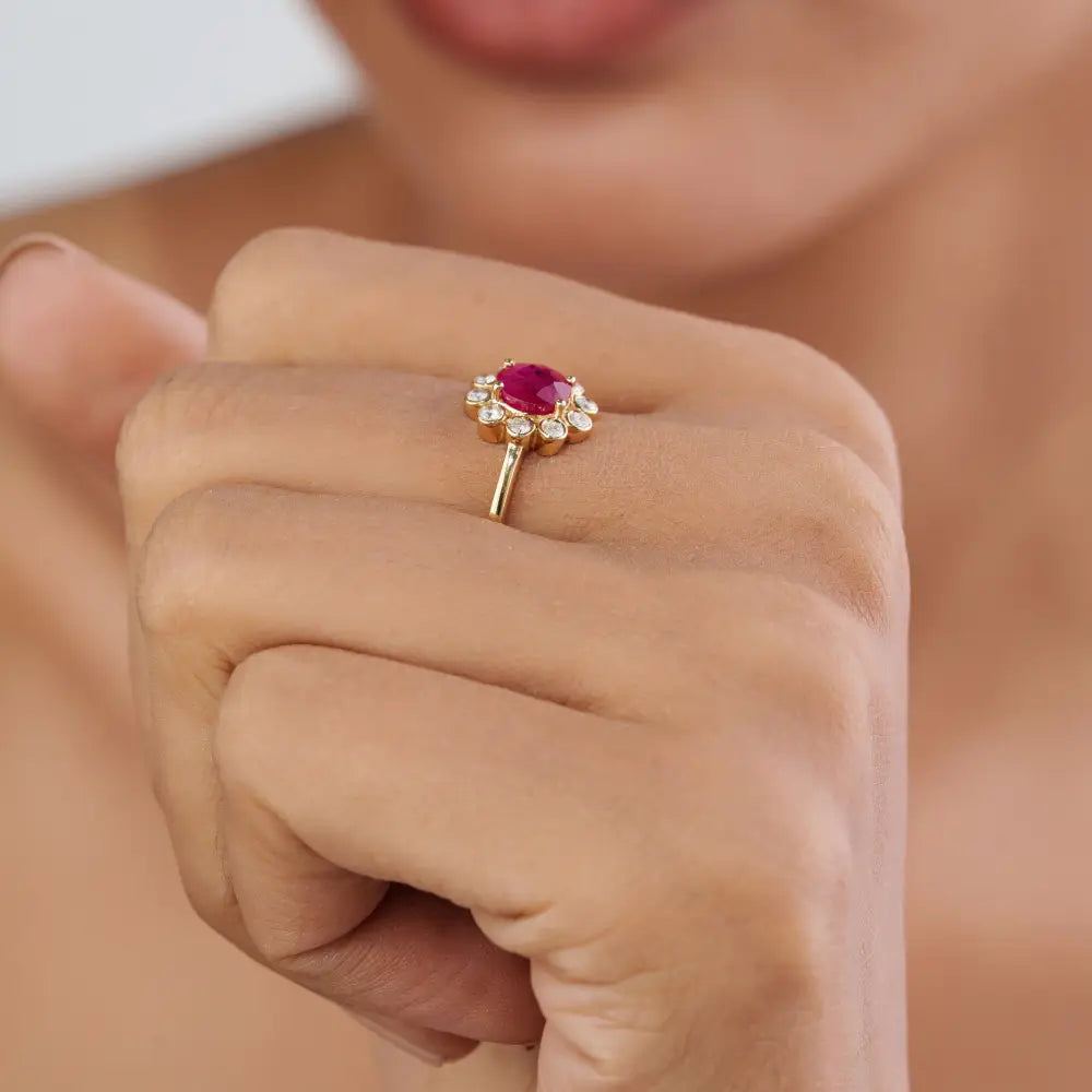 Round Cut Ruby & Diamond Floral Inspired Cluster Ring For Women's 14K Yellow Gold Gift For Her