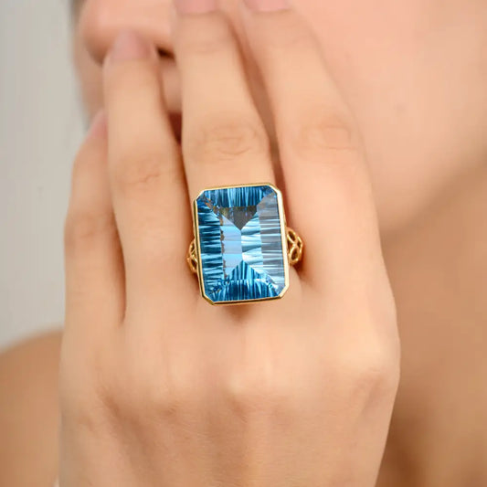 Octagon Shape Blue Topaz Bezel Setting Cocktail Ring 18K Yellow Gold Unique Jewelry