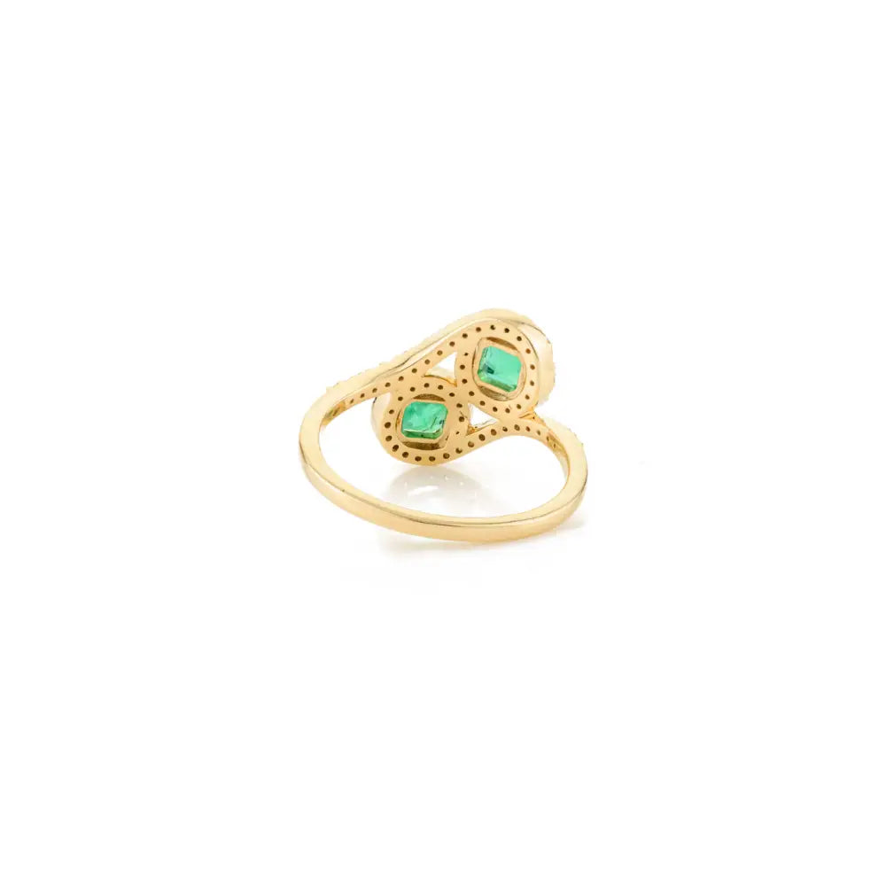 100% Natural Square Emerald & Diamond Solid K18 Yellow Gold Two Stone Ring