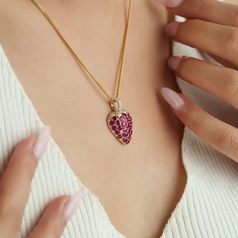 Unique Design Full Pave Set Ruby & Diamond Strawberry Pendant 14K Real Yellow Gold Jewelry