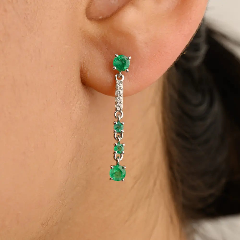 Fine Jewelry K14 Solid White Gold Emerald & Diamond Long Dangle Earrings