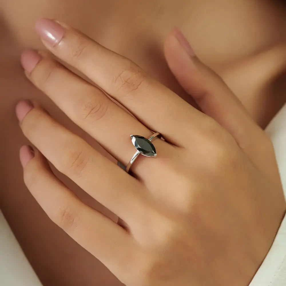 Wholesale Marquise Cut Black Diamond Solitaire Ring Real K14 White Gold Handmade Jewelry