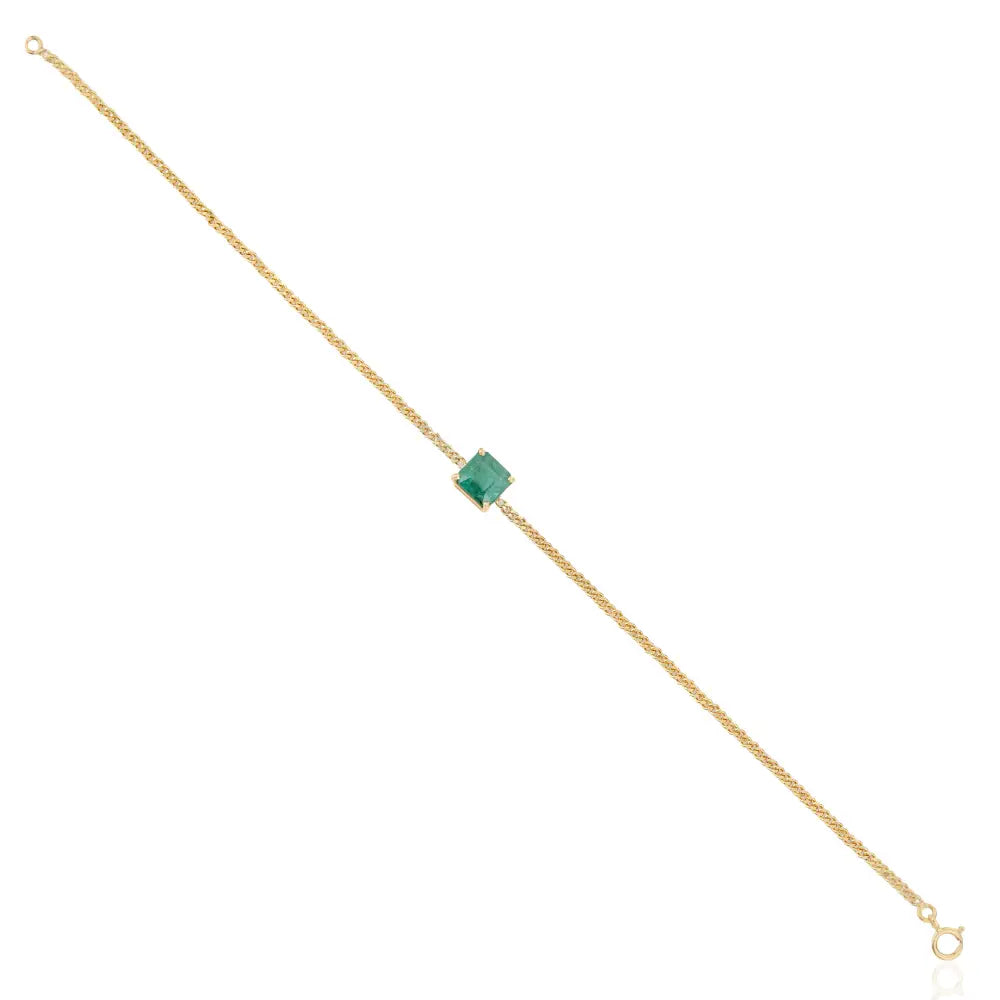 7x7 mm Emerald 14K Pure Yellow Gold Curb Link Chain Solitaire Gemstone Bracelet For Everyday Wear