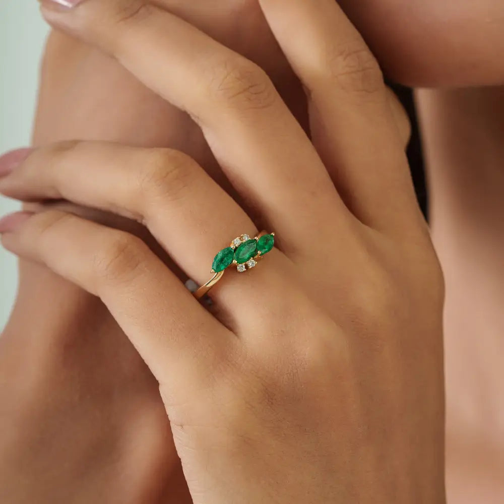Marquise Shape Emerald & Diamond Three Stone Ring Stackable 14K Yellow Gold Jewelry