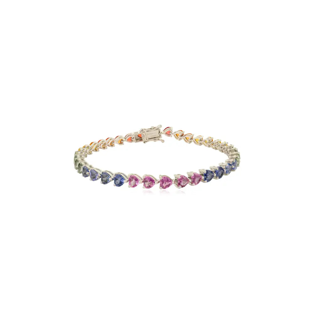 Heart Shape Rainbow Multi Sapphire 14K Solid White Gold Tennis Bracelet Stackable Jewelry