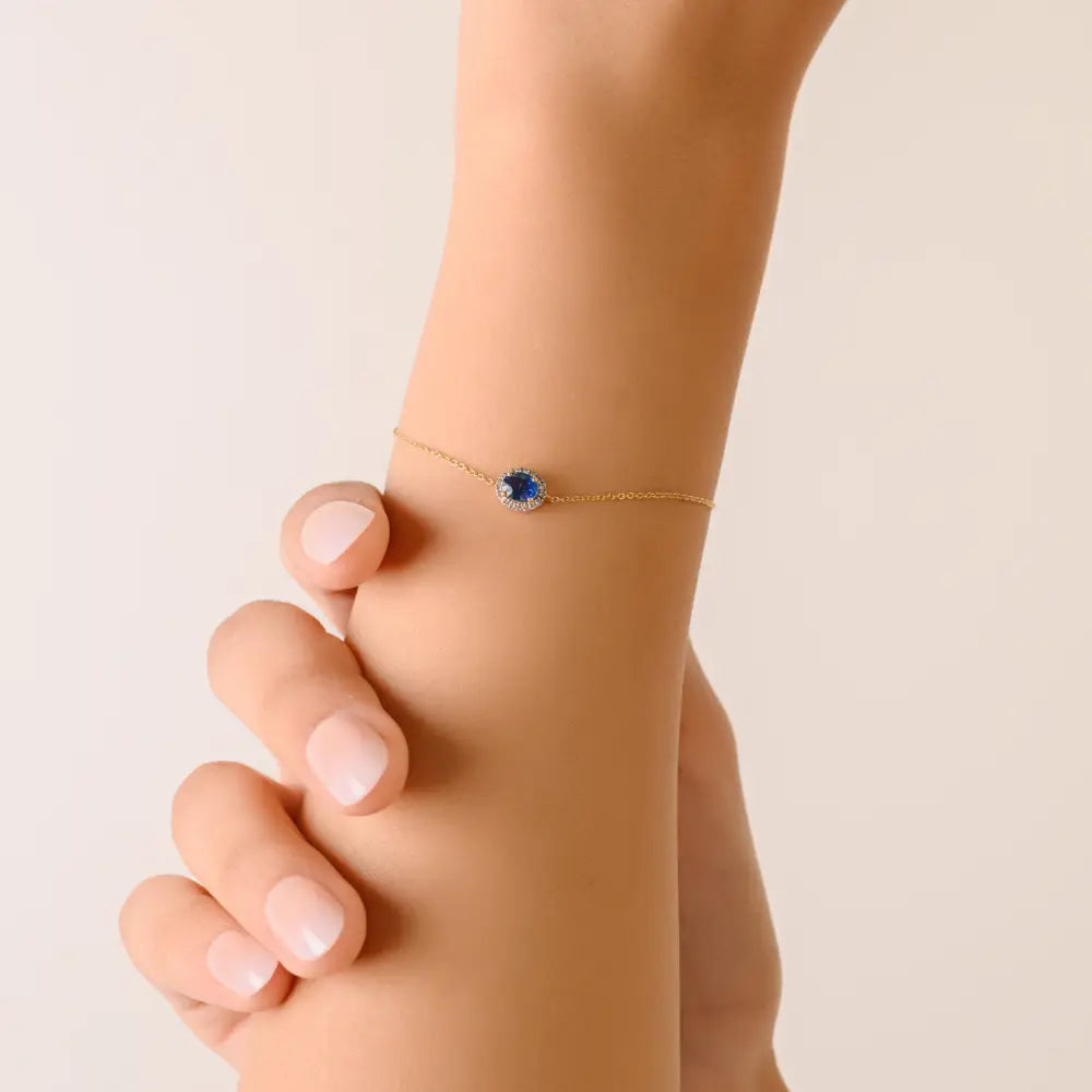 Good Quality Blue Sapphire & Diamond Solitaire Halo Gemstone Bracelet 14K Yellow Gold Jewelry