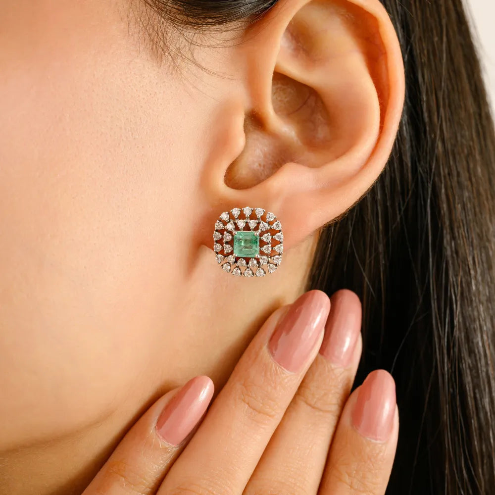 Square Cut Emerald & Diamond Wholesale Unique Design Stud Earrings 14K Solid Gold Jewelry
