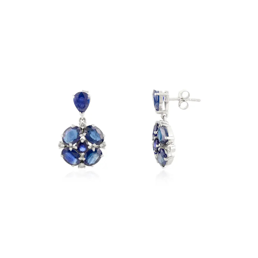 Handmade Blue Sapphire & Diamond Real K14 White Gold Wedding Drop Earrings Custom Jewelry