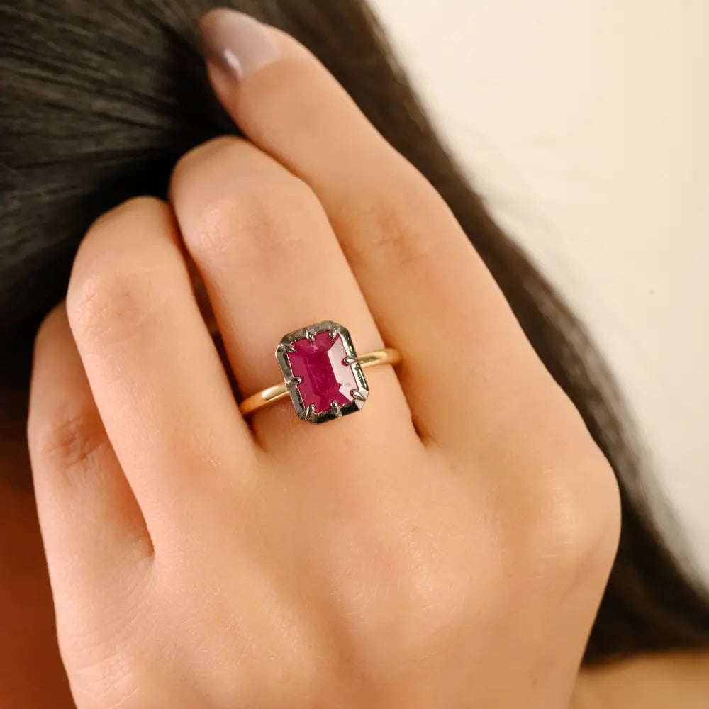 Black Rhodium Plated Ruby Statement Solitaire Ring 18K Real Yellow Gold Gemstone Jewelry