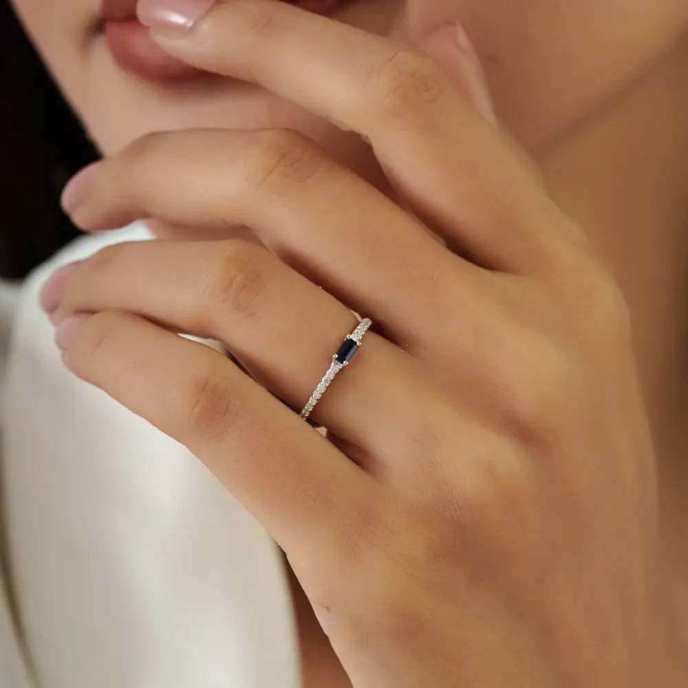 Minimalist Blue Sapphire & Diamond K14 Solid White Gold Stacking Band Ring Everyday Jewelry