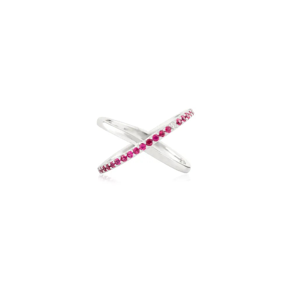 Statement Fine Jewelry Round Cut Ruby & Diamond 14K White Gold Criss-Cross Ring