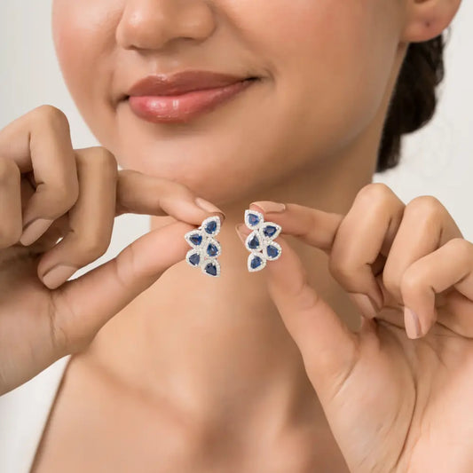 Unique Design Blue Sapphire & Diamond 14K Solid White Gold Wings Shape Halo Stud Earrings