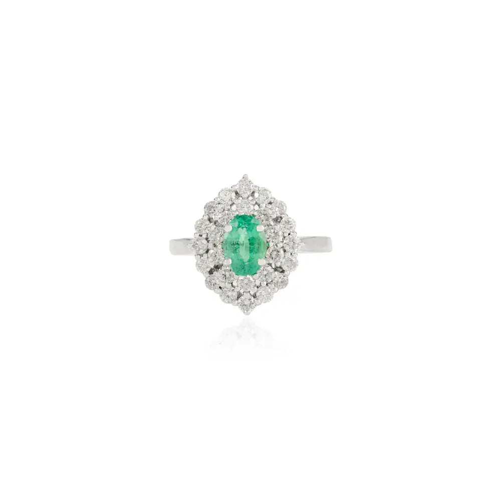 18K Solid White Gold Vintage Style Emerald & Diamond Double Cluster Ring Engagement Jewelry