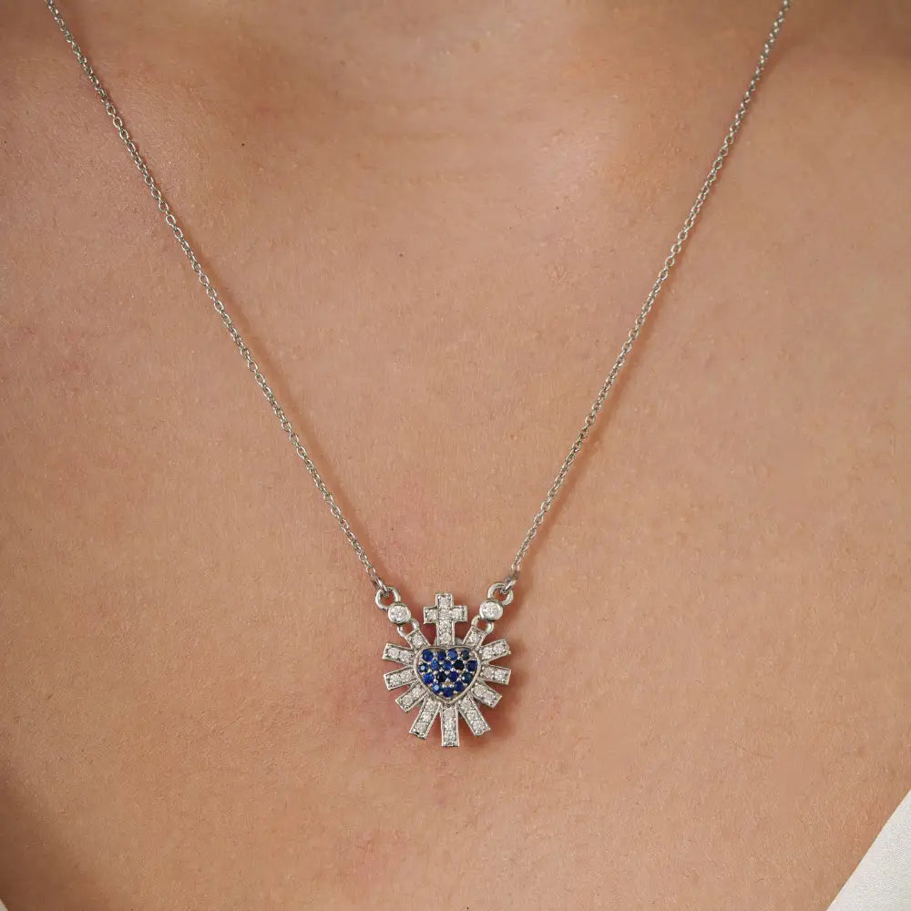 14K Solid White Gold Blue Sapphire & Diamond Sacred Heart Sunburst Pendant Necklace