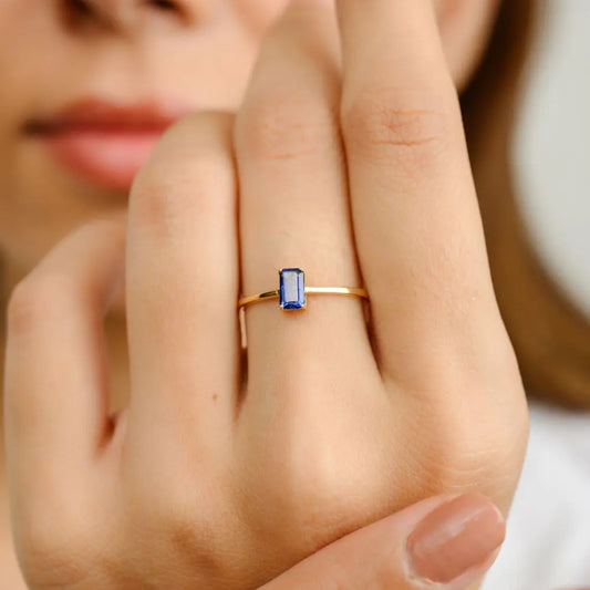 High Quality Natural Blue Sapphire 18K Solid Yellow Gold Stackable Ring