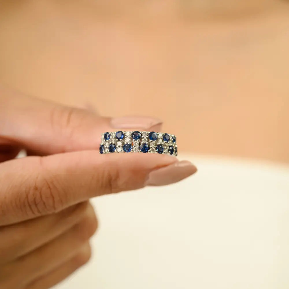 Statement Luxury Blue Sapphire & Diamond 18K Real White Gold Wedding Band Ring Unisex