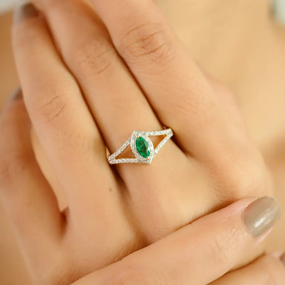 Marquise Cut Emerald & Diamond 18K Yellow Gold Split Shank Stackable Ring Handmade Jewelry