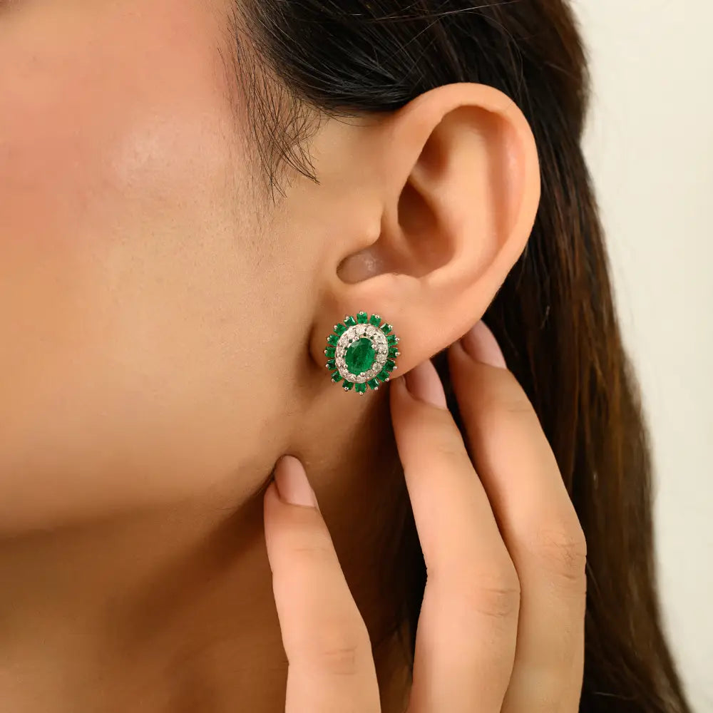 Hot Sale 14K White Gold Emerald & Diamond Unique Design Statement Stud Earrings For Women