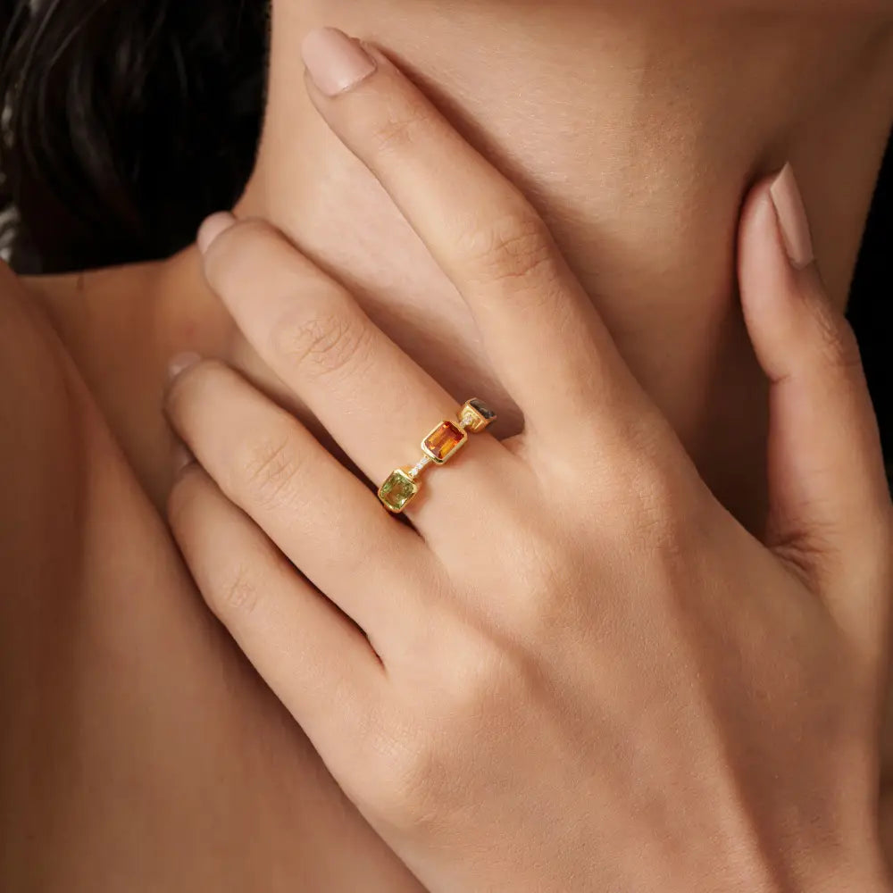 Elegant Design 14K Solid Yellow Gold Multi Sapphire & Diamond Three Stone Ring Stack Jewelry