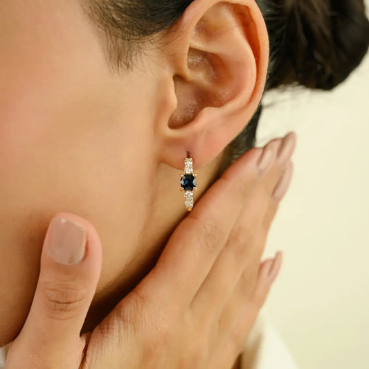 K14 Yellow Gold Cushion Shape Blue Sapphire & Diamond Hoop Earrings Women Gift Jewelry