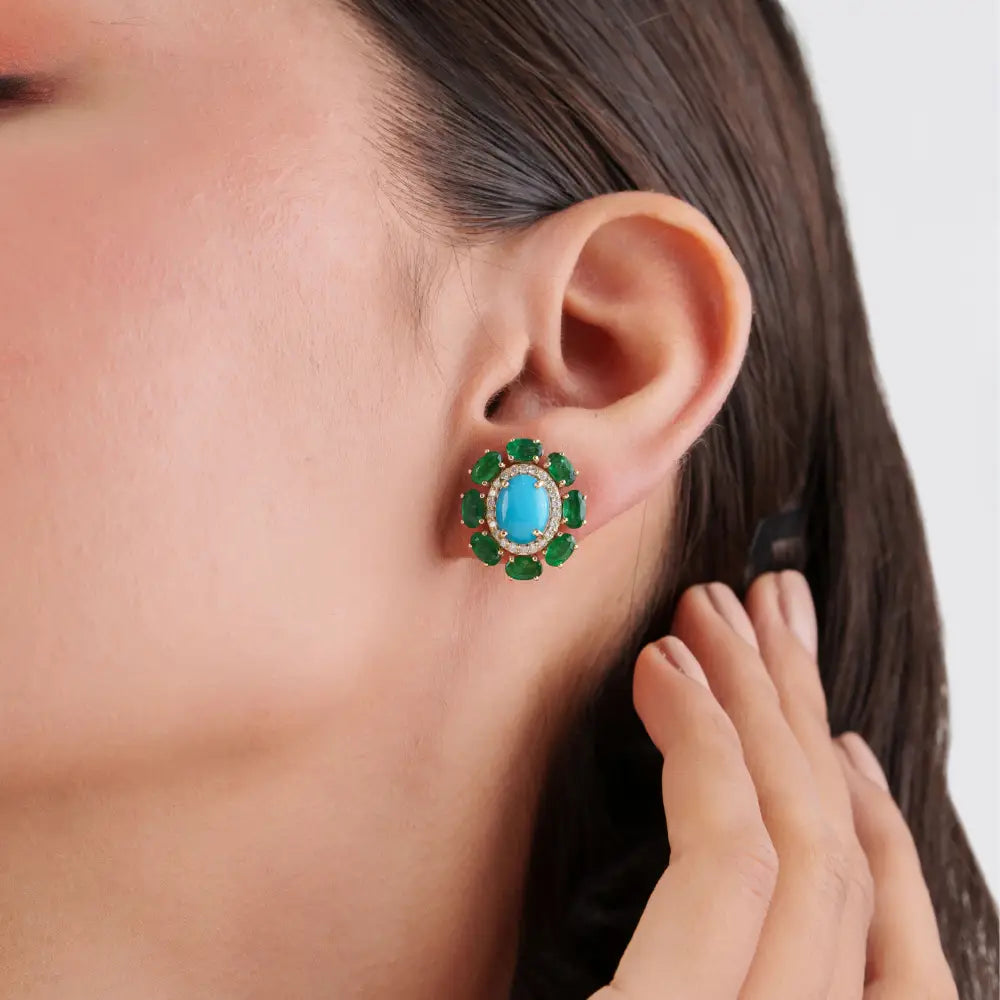 Floral Inspired Solid K14 Yellow Gold Emerald Turquoise & Diamond Statement Stud Earrings