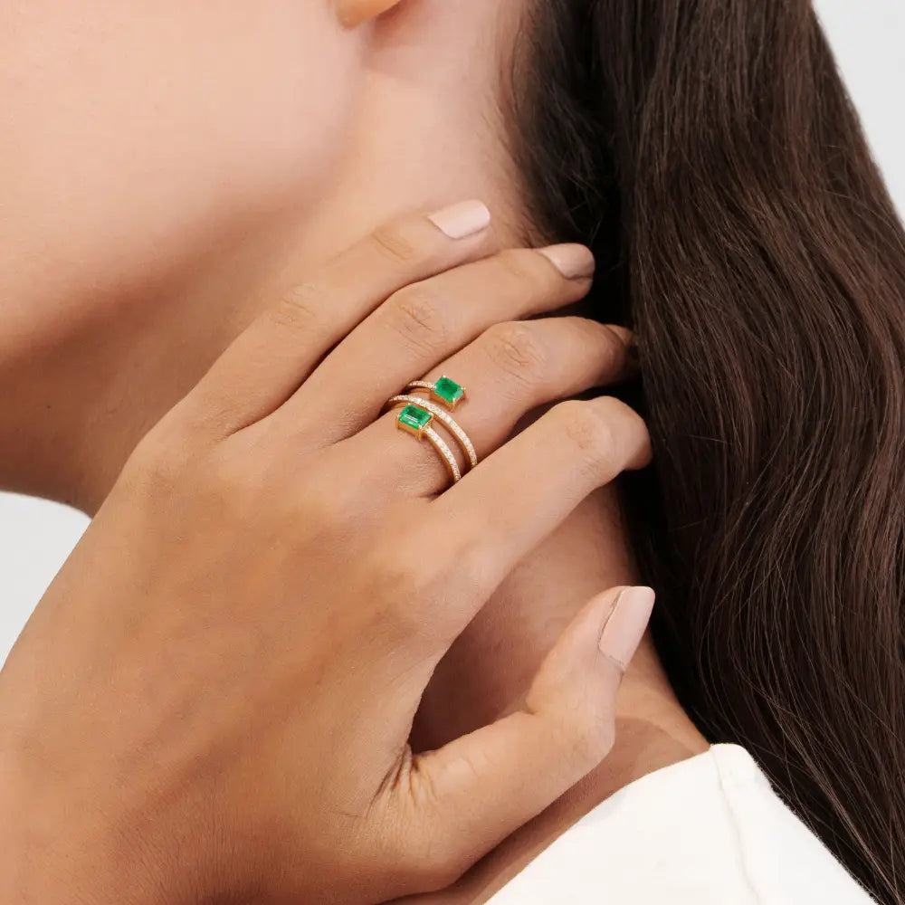 Precious Gemstone Emerald & Diamond Wrap Spiral Ring Statement 14K Yellow Gold Jewelry