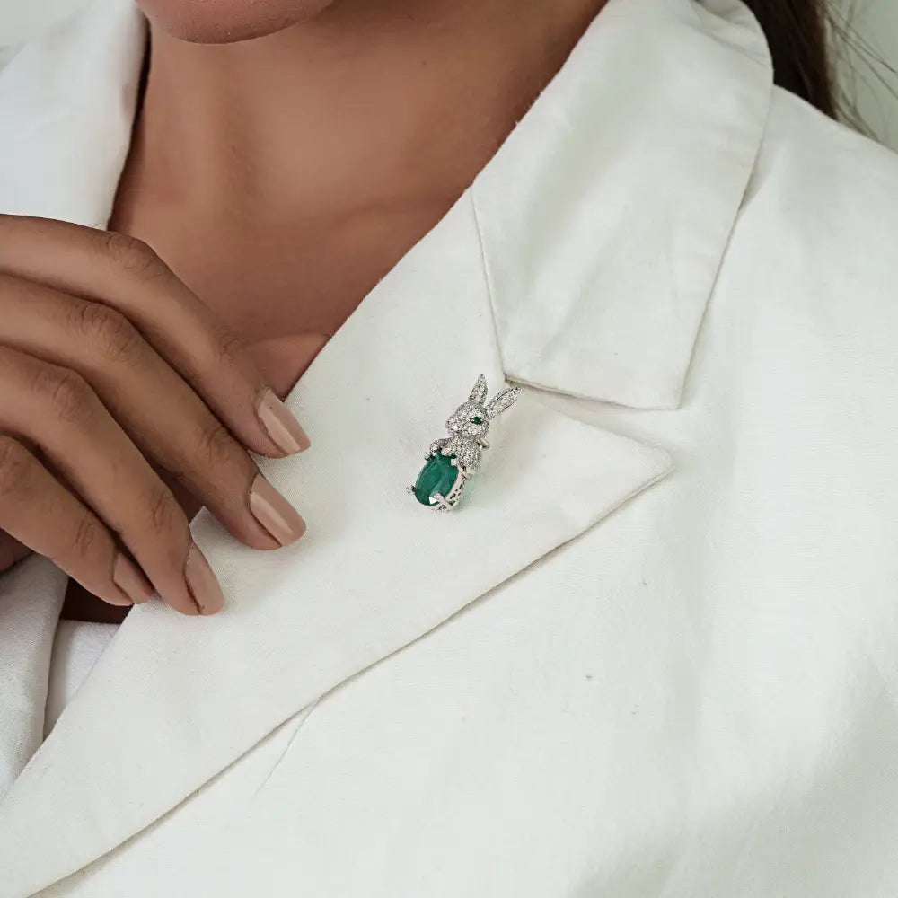 Unique Design Handmade Emerald & Diamond 14K White Gold Bunny Rabbit Brooch For Men