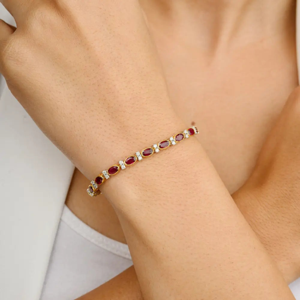 July Birthstone Natural Ruby & Diamond 18K Yellow Gold Tennis Bracelet