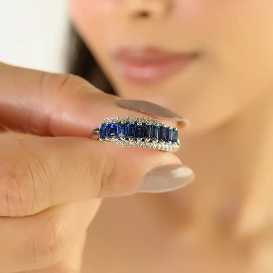 14K White Gold Blue Sapphire & Diamond Statement Zig Zag Ring Wholesale Designer Jewelry