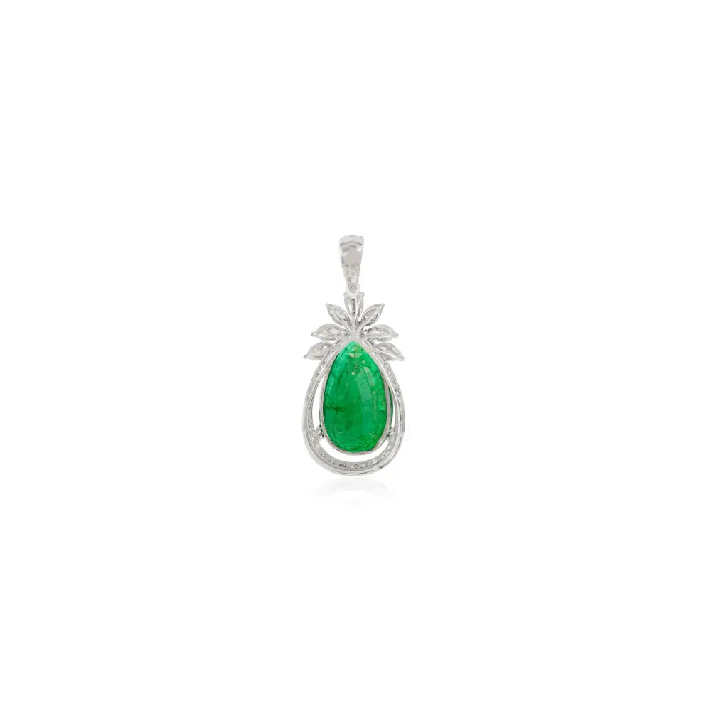 Unique Designer 9.38 ct. Emerald & Diamond Teardrop Pendant 18K White Gold Bold Jewelry